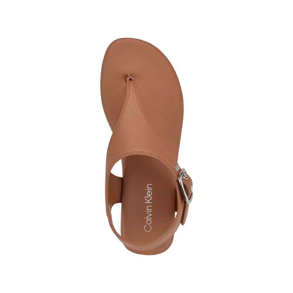 NWB Calvin Klein Moraca2 Buckle T-Strap Flat Sandals Dark Natural Size 9